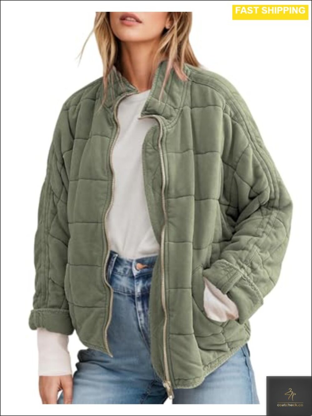Women's Long Sleeve Quilted Suede Full-Zip Jacket Warm Winter Coat